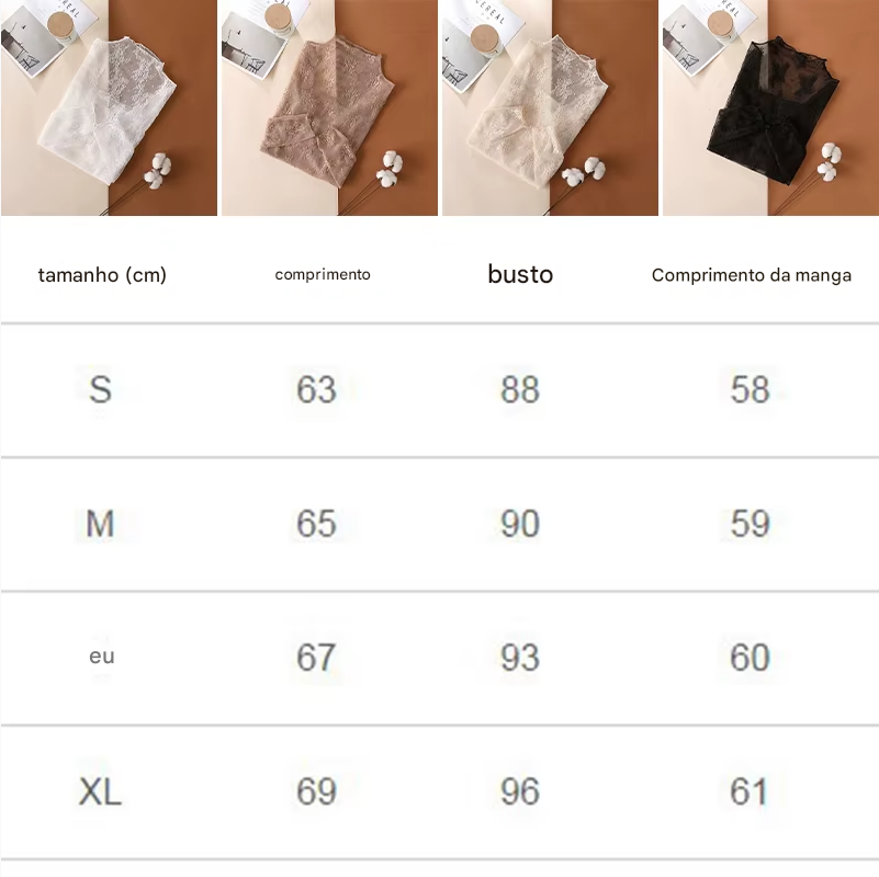 Blusa Feminina Elegante e Sexy, T-shirt de malha feminina com manga longa, detalhe em renda e efeito transparente.