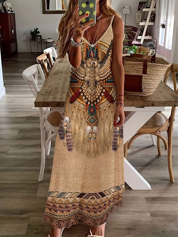 Vestido longo feminino com estampa de coruja indiana, sem mangas, decote V, casual e estiloso para o verão.