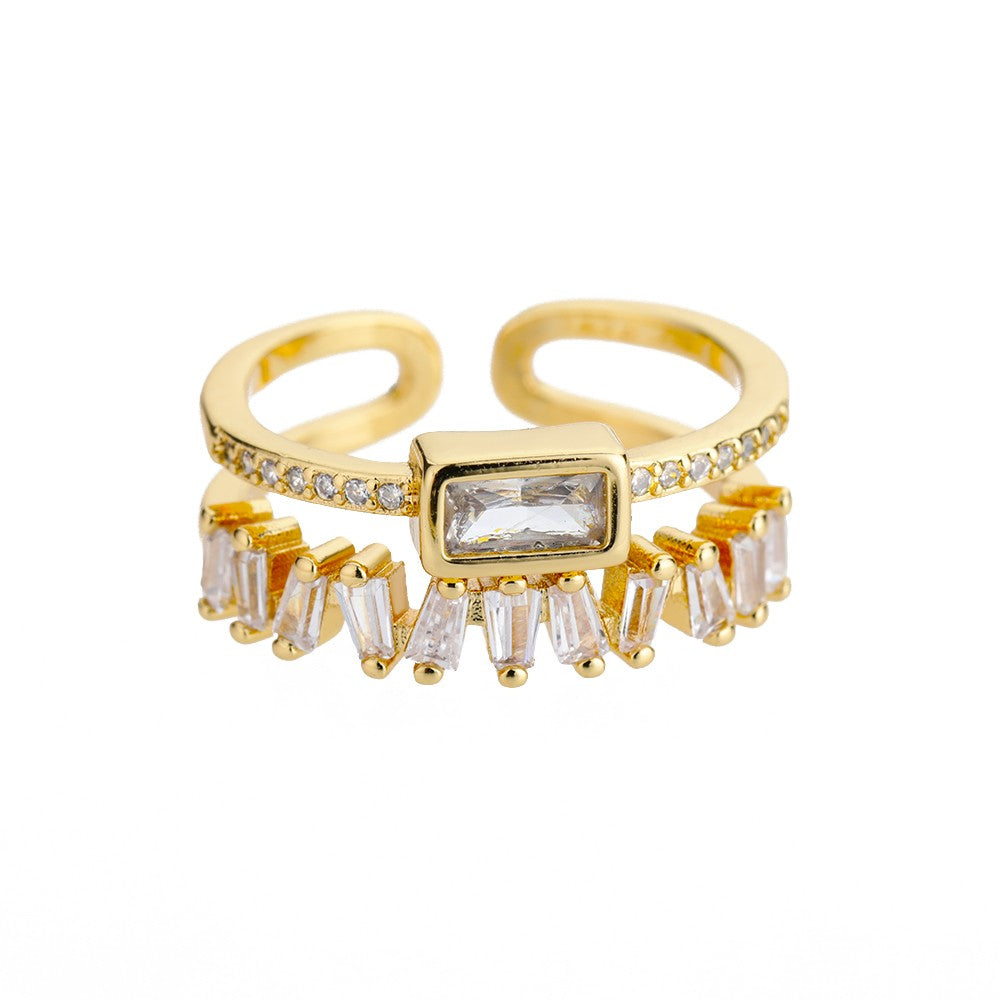 Anel de Zircão Verde Clássico ? | Design Irregular em Camada Dupla ? | Aço Inoxidável Banhado a Ouro ? | Ajustável, Ideal para Casamento ?