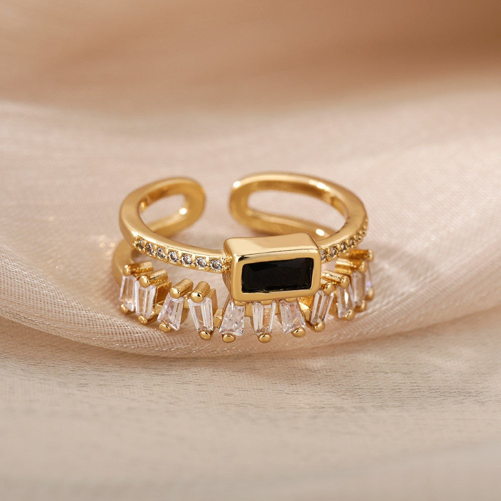 Anel de Zircão Verde Clássico ? | Design Irregular em Camada Dupla ? | Aço Inoxidável Banhado a Ouro ? | Ajustável, Ideal para Casamento ?