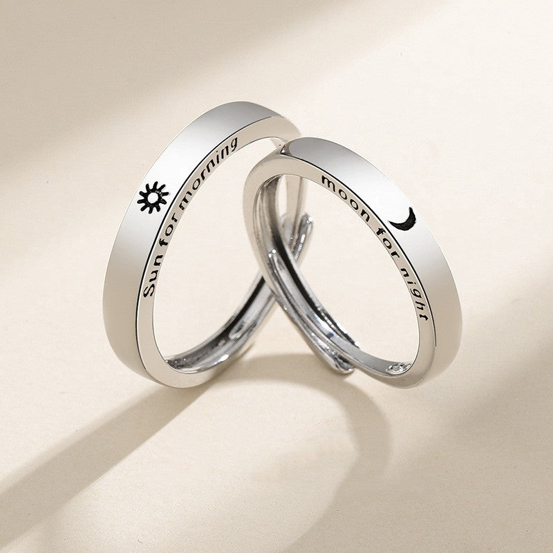 Novo anel ajustável de casal, cor prata, sol e lua — anel aberto para mulheres e homens, ideal para casamento, moda, joias e presentes.