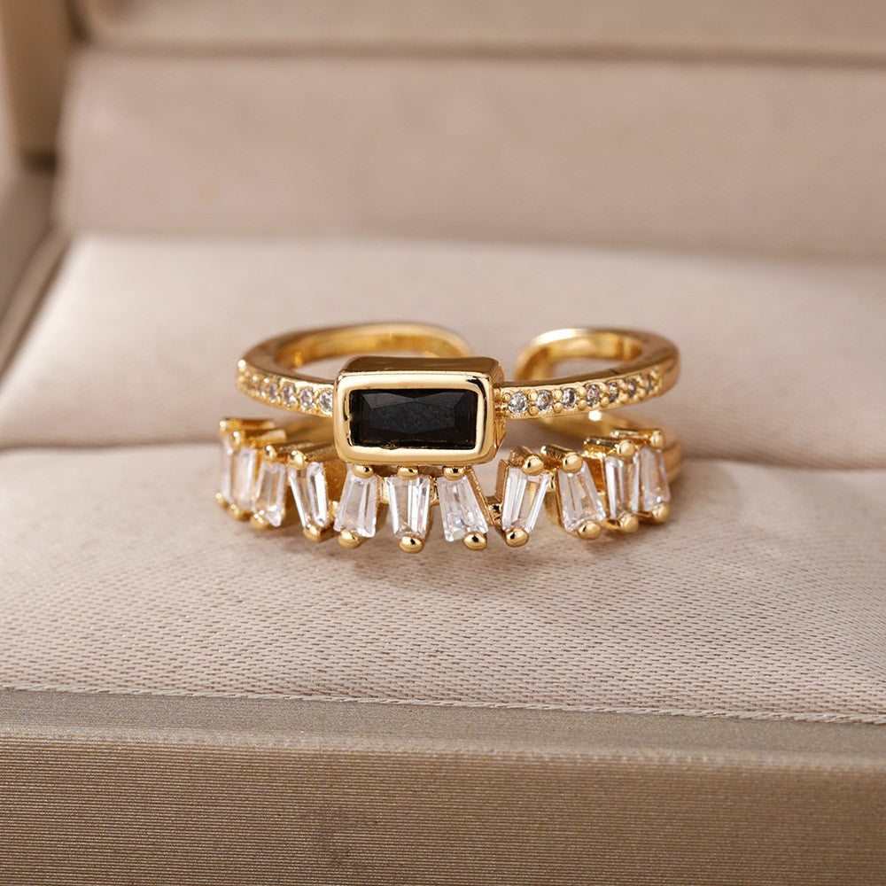 Anel de Zircão Verde Clássico ? | Design Irregular em Camada Dupla ? | Aço Inoxidável Banhado a Ouro ? | Ajustável, Ideal para Casamento ?