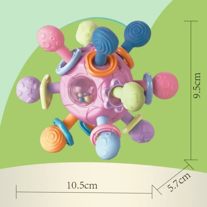Brinquedo sensorial para bebês 0–12 meses – bola giratória, chocalho, mordedor de silicone e atividade de desenvolvimento.