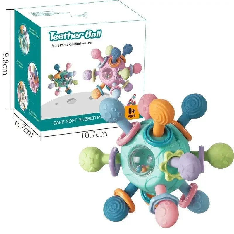 Brinquedo sensorial para bebês 0–12 meses – bola giratória, chocalho, mordedor de silicone e atividade de desenvolvimento.