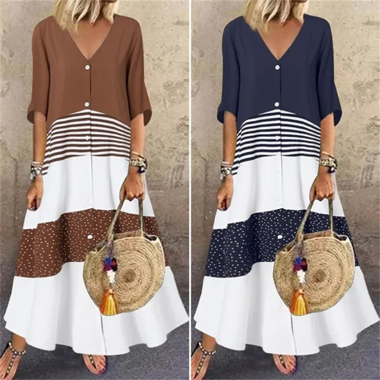Vestido  primavera – elegante, colorido, decote em V, manga 7/4, estilo casual para férias, com estampa exclusiva!