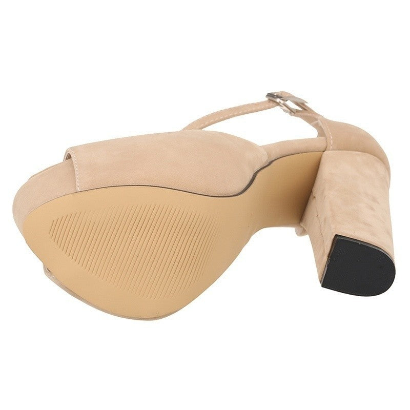 Sandálias femininas verão 2025 — salto alto grosso de 14 cm, modelo peep toe, com plataforma, fivela ajustável e estilo sexy. Ideal para festas, vestidos elegantes e casamentos.