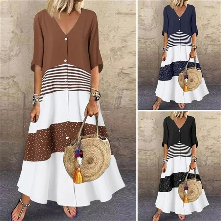 Vestido  primavera – elegante, colorido, decote em V, manga 7/4, estilo casual para férias, com estampa exclusiva!