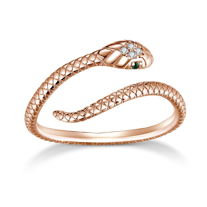 Bamoer | Anel Ajustável em Prata Esterlina 925, Banhado a Platina, com Zircão Verde e Textura Retrô de Cobra – Disponível em 4 Cores.