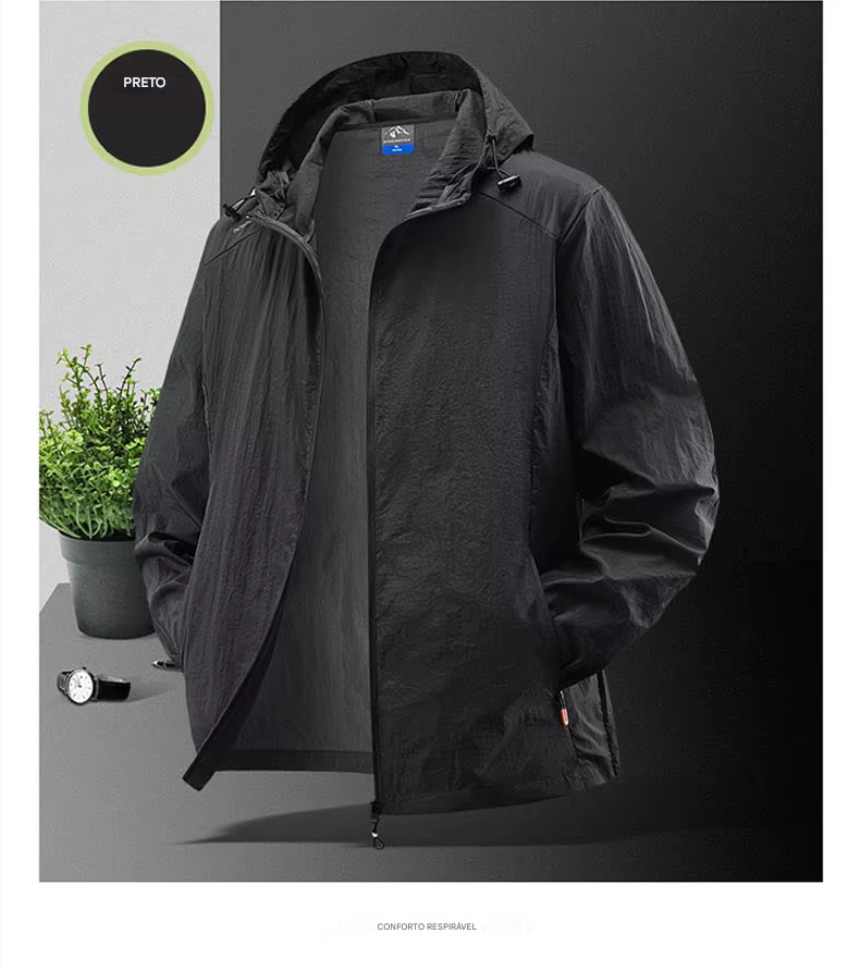 Jaqueta masculina à prova d'água para o verão, ideal para caminhadas, pesca e ciclismo. Com capuz, leve e com proteção solar.